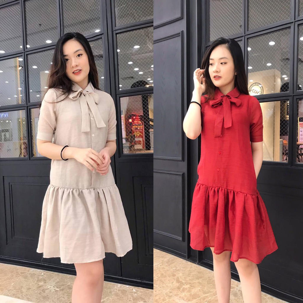 Váy Bầu suông | Đầm bầu thiết kế Dáng đuôi cá nơ cổ vải Tơ - Size M/L/XL