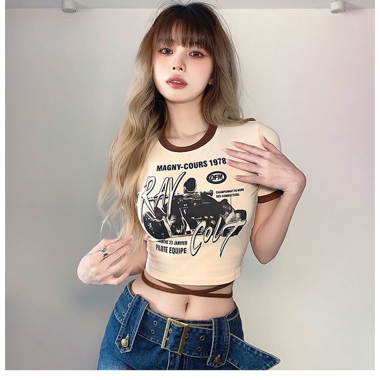 Áo croptop MMIOT tay ngắn cổ tròn thoáng khí in họa tiết thời trang cổ điển đường phố Mỹ đơn giản cho nữ