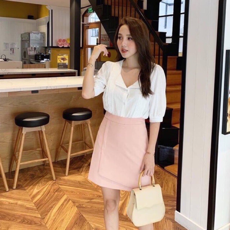 ❤️SET ÁO KIỂU TRẮNG VÀ CHÂN VÁY CHỮ A HỒNG❤️