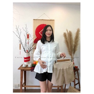 Áo Bầu Sơ Mi Trắng Cổ Bèo Tay Dài  Cao Cấp ( Kèm Ảnh Thật )