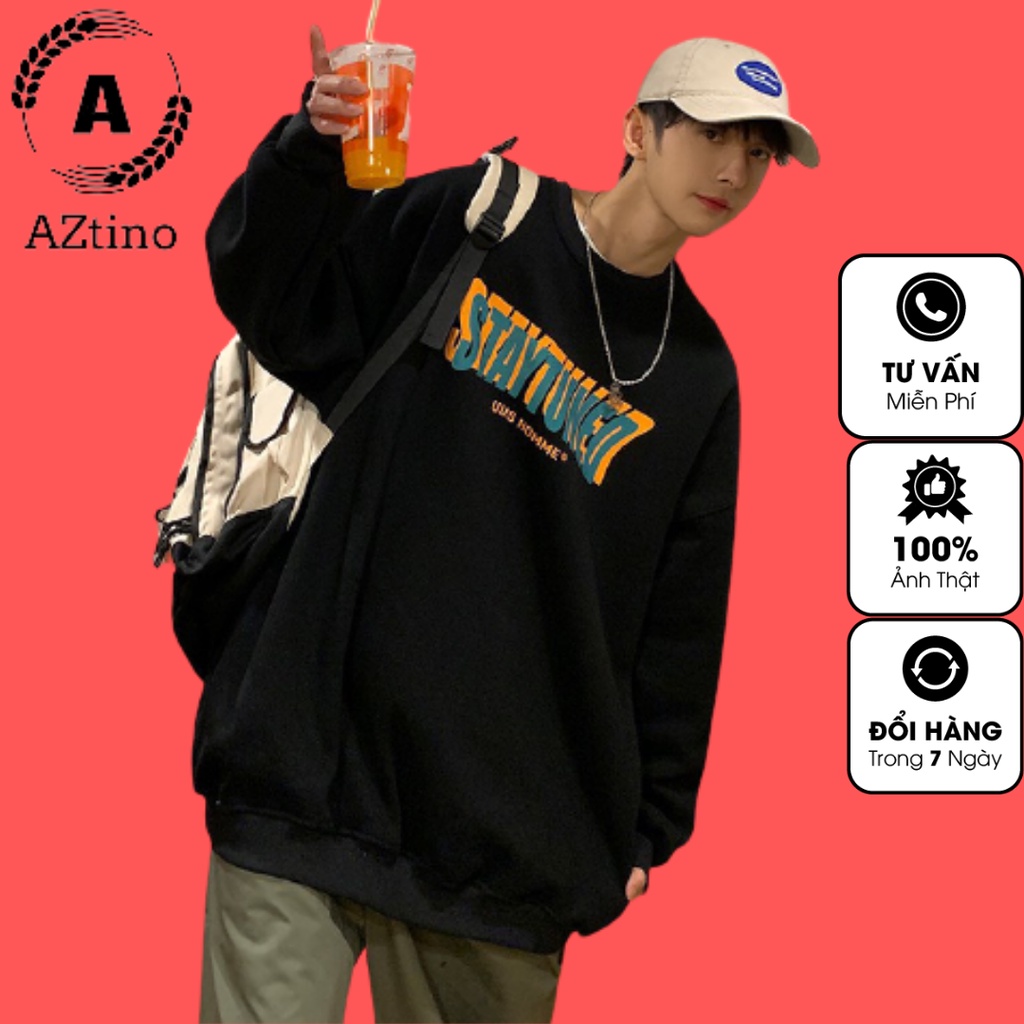 Áo nỉ bông trơn cổ tròn AZtino, áo sweater form rộng unisex in chữ ngang ngực, phong cách Hàn Quốc .
