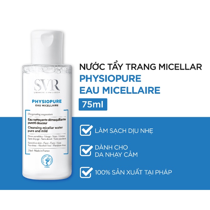 Nước tẩy trang cho da nhạy cảm SVR Physiopure Eau Micellaire 75ml/ 200ml/ 400ml [NHẬP KHẨU CHÍNH HÃNG 100%]