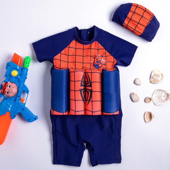 Bộ đồ bơi liền thân trợ nổi + nón bơi hoạ tiết siêu nhân người nhện - Đồ bơi bé trai DBBT75