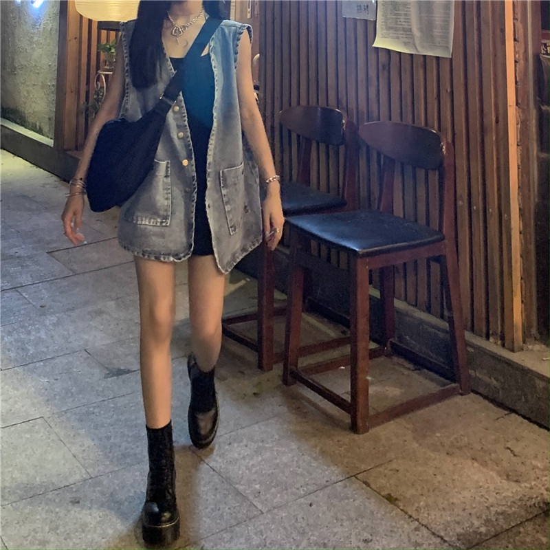 Áo khoác vải denim không tay dáng rộng thời trang retro Hàn Quốc dành cho nữ