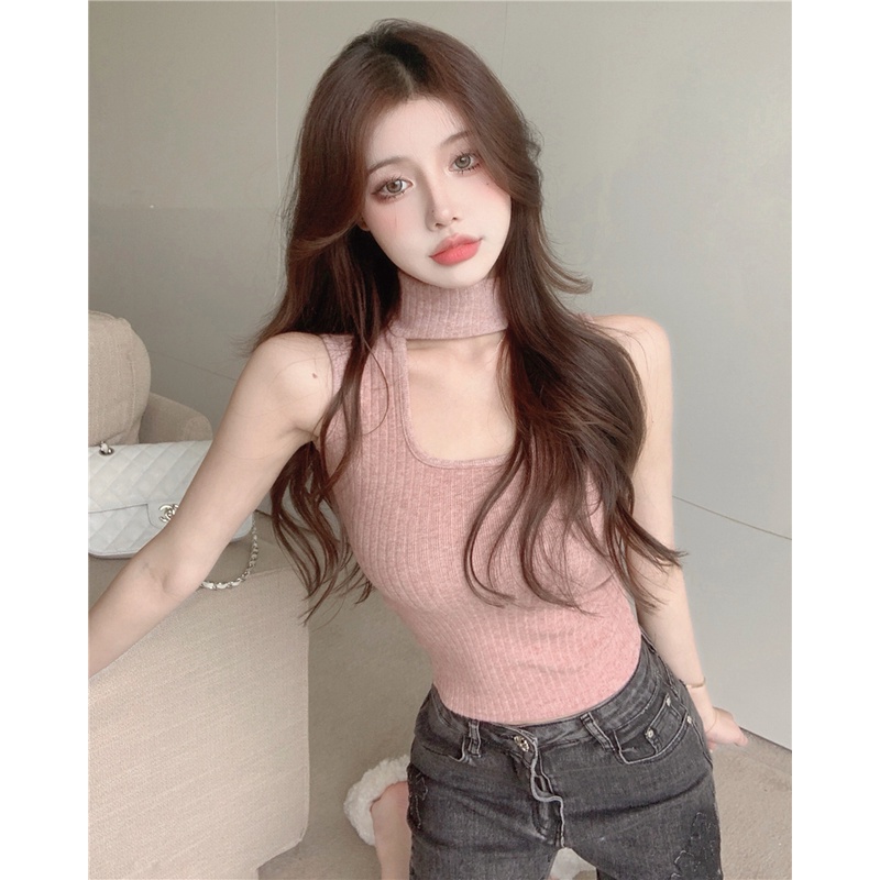 QADCOL Áo Sát Nách Dệt Kim Cổ Lọ Thiết Kế Quyến Rũ Cho Nữ