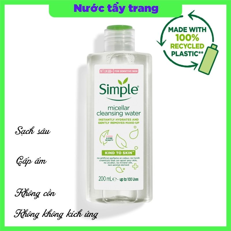 Nước tẩy trang Simple Micella 400ml không chứa cồn dịu nhẹ cho mọi loại da