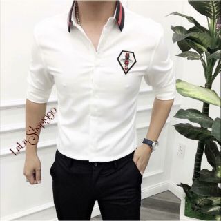 ÁO SƠ MI NAM TRẮNG ĐEN THÊU LOGO CHẤT LỤA TRƠN CAO CẤP -  LALASHOP1990