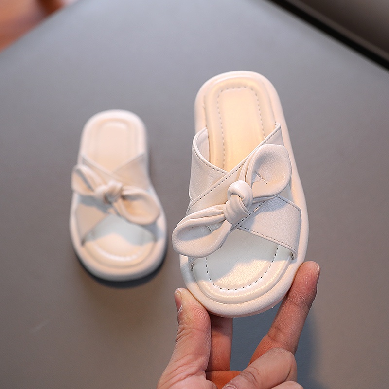 Dép Da Mềm Đính Nơ Chống Trượt Màu Trơn Thời Trang Cho Bé Gái 3-6 Tuổi