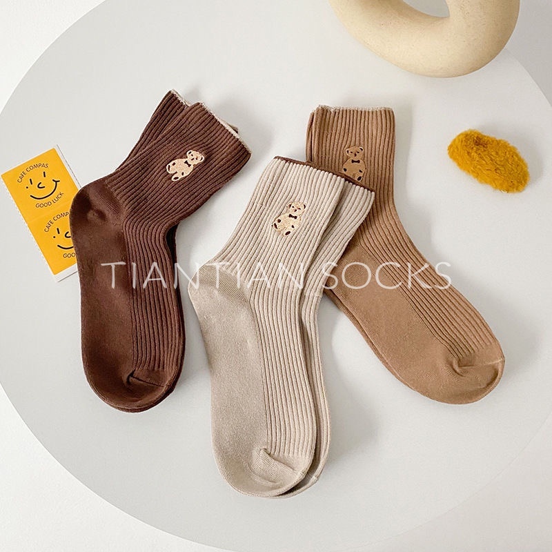 Tất nữ  vớ nữ cổ cao Cotton thêu hình gấu mới  dành cho nữ sinh