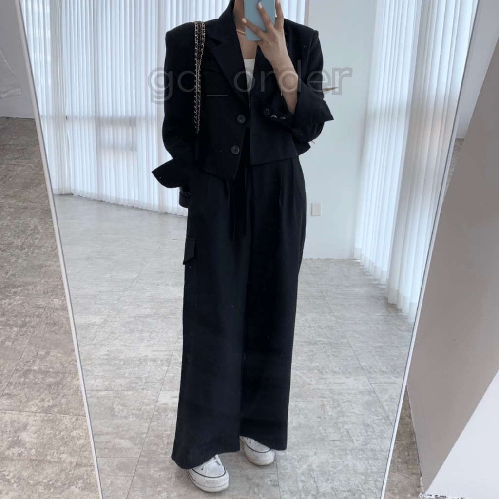 B68|Set bộ vest nữ công sở hàn quốc áo blazer croptop, quần ống rộng lưng cao thắt dây gd_order
