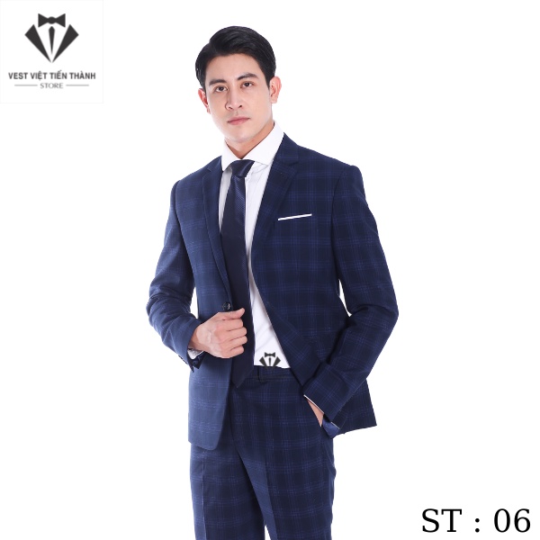 Vest nam xanh than kẻ caro cao cấp vest việt tiến thành