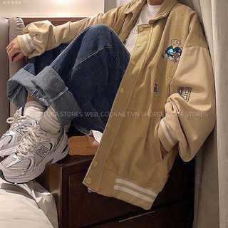 [KB088]🏈🏈 Áo khoác BOMBER nhung mix tay KAKI thêu chú gấu 88 (Có sẵn/ảnh thật)