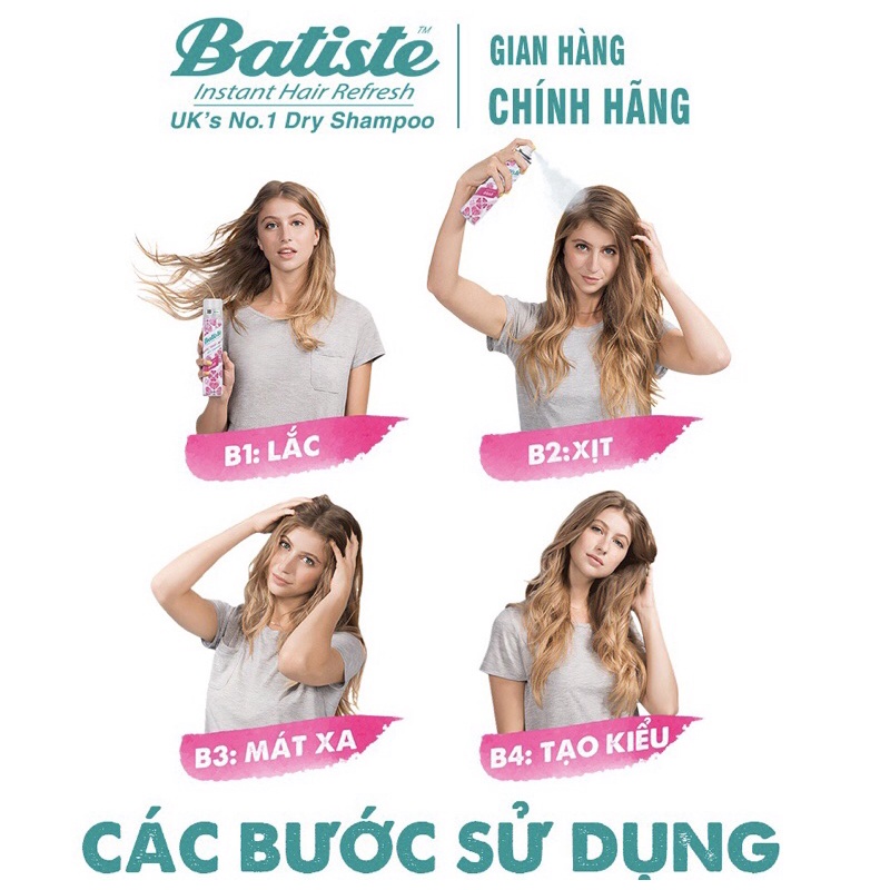 [ Chính Hãng] Dầu Gội Khô Batiste Dry Shampoo 200ml, Dầu Gội Giúp Hết Ngứa, Hết Bết Dính, Tóc Bồng Bềnh Tức Thì