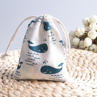 10x14cm - Túi thơm đựng trang sức quà nhỏ hoa khô trang trí đám cưới đám tiệc họa tiết cá voi xanh