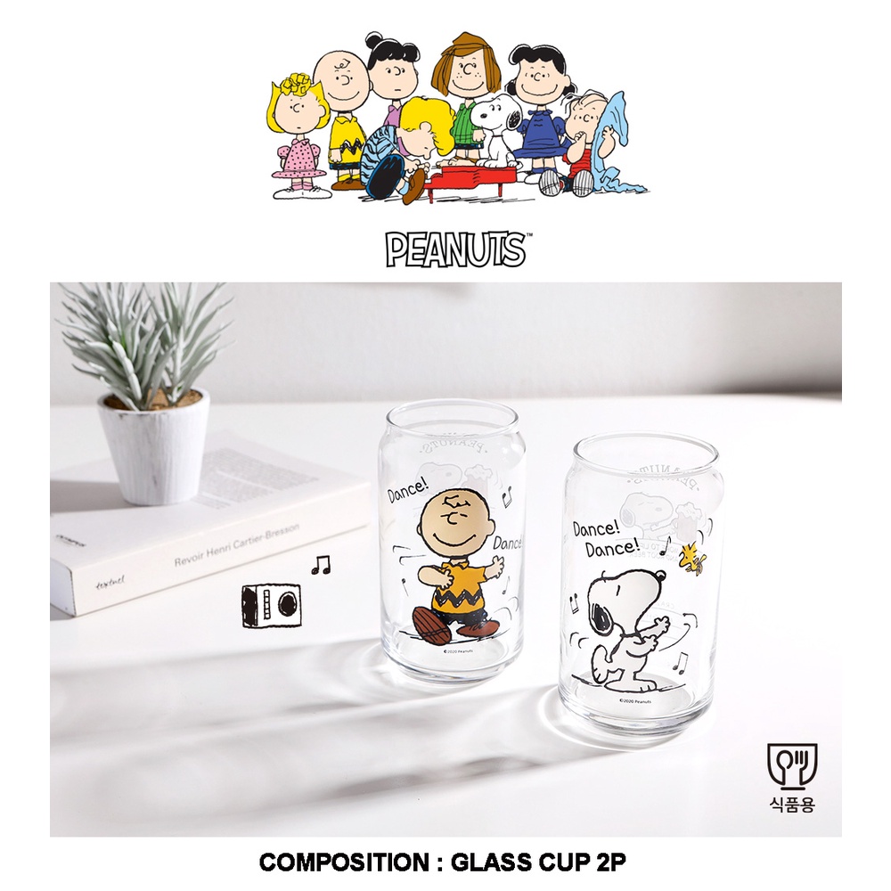 Set 2 cốc thủy tinh uống cà phê 330ml in hình chú chó Snoopy nhảy múa