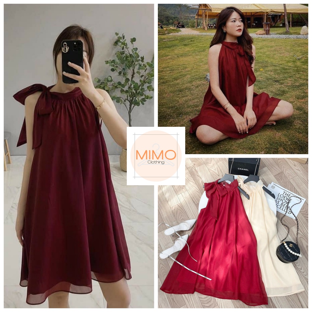 VÁY ĐI BIỂN XINH, VÁY MAXI TƠ ĐỎ CỔ YẾM NƠ BÊN FORM SUÔNG RỘNG HOTTREND