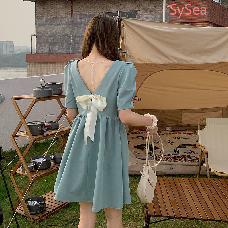 Đầm Ngắn Dáng Chữ A Phối Nơ Màu Trơn Xinh Xắn Cho Phụ Nữ | BigBuy360 - bigbuy360.vn