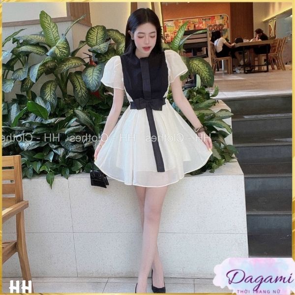 Váy babydoll phối tơ 2 tầng Dagami mix nơ eo khóa lưng có lót trong chât tơ nhũ tuyết mưa