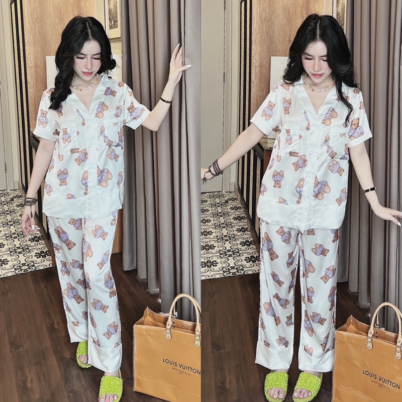 Đồ bộ Lụa pijama mặc nhà tay ngắn quần dài dễ thương cho bạn nữ dưới 62kg