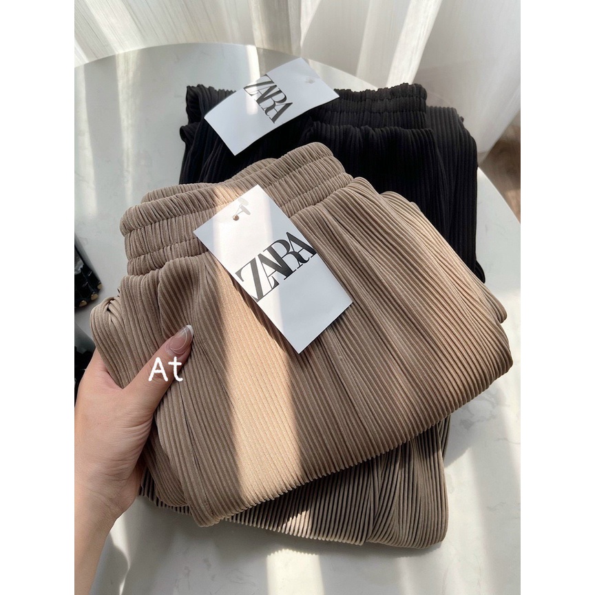 Quần dài nữ ZR gân, quần tăm suông dập li ống rộng, quần culottes ống sớ vải xếp li cạp cao tôn dáng - HQNU59