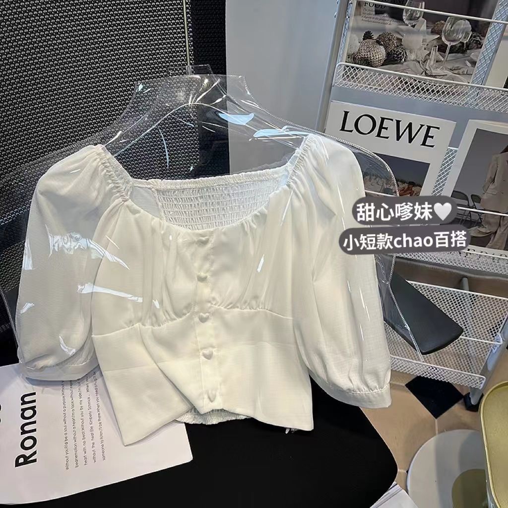 Áo Sơ Mi Tay Ngắn Phồng Cổ Vuông Màu Trắng Thiết Kế Không Đồng Đều Thời Trang Mùa Hè Mới Cho Nữ