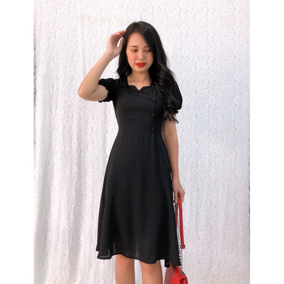 Đầm Xòe Voan Chiffon S&amp;M Cổ Bẻ Đính Nút Tôn Dáng, Xinh Đẹp, Giá Rẻ GR156_ Có Bigsize, Hình Thật Do Shop Tự Chụp