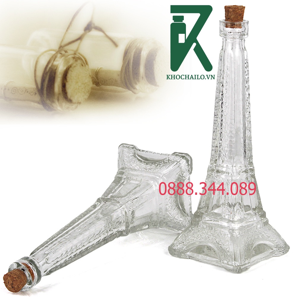 Chai thuỷ tinh hình tháp trong suốt kèm nút chặn gỗ