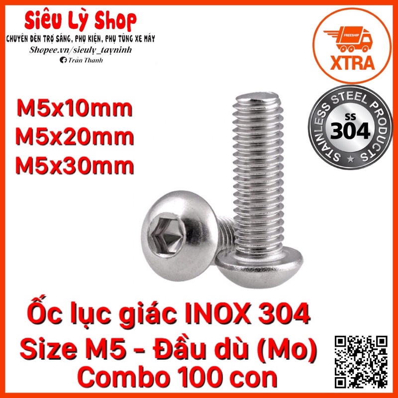 [Combo 100con] Bulong Ốc lục giác INOX 304 - Size M5 Đầu dù tròn (Mo)