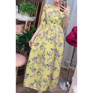 [Đầm Maxi] Tiểu Thư lụa cổ vuông tay phồng - Freesize đến 70kg
