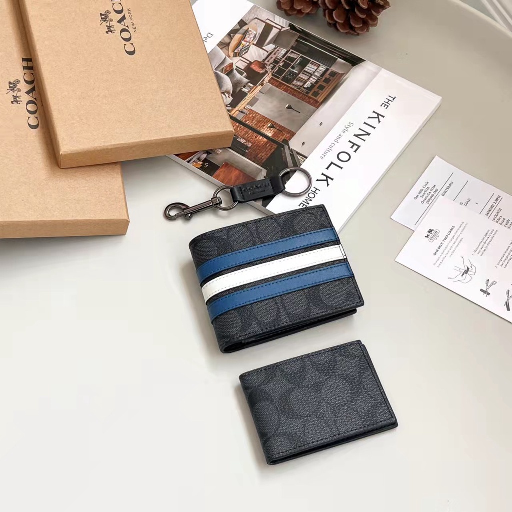 COACH Ví Da Ngắn Kẻ Sọc Có Ngăn Đựng Thẻ Thời Trang Cho Nam 26072