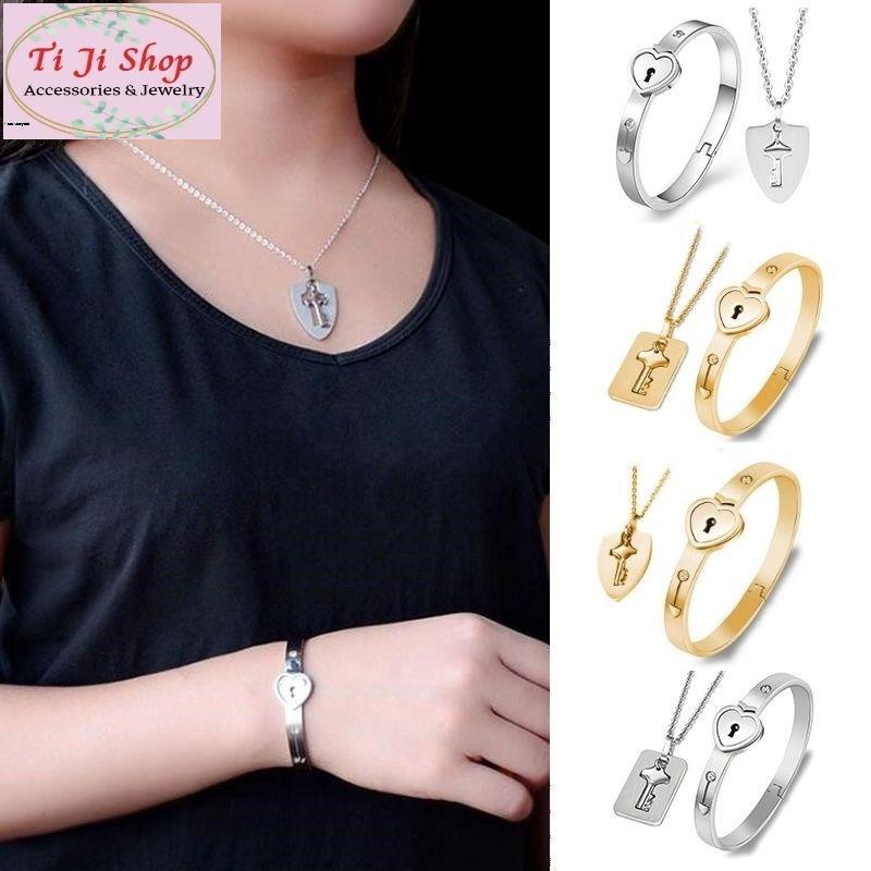 [ Khắc theo yêu cầu ] Bộ dây chuyền vòng tay cặp đôi ổ khóa chìa khóa