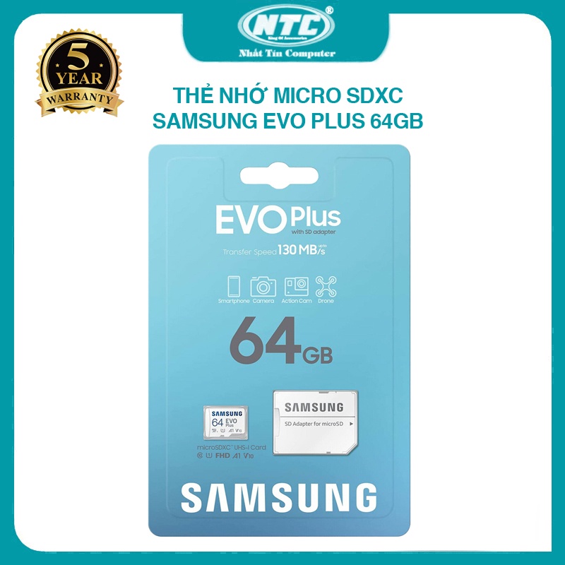 [Mã 253ELSALE hoàn 7% đơn 300K] Thẻ nhớ MicroSDXC Samsung Evo Plus 64GB U1 A1 130MB/s 20MB/s - Kèm Adapter (Trắng)