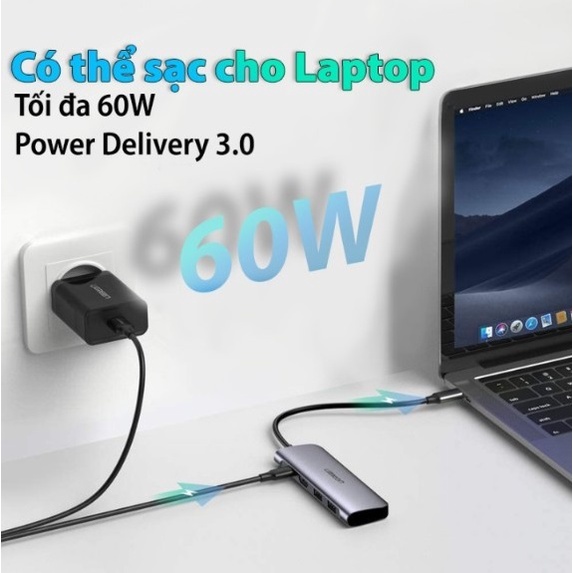 HUB bộ chuyển đổi USB Type C sang HDMI/USB 3.0/SD/TF hỗ trợ sạc cổng USB Type-C chính hãng Ugreen 70411