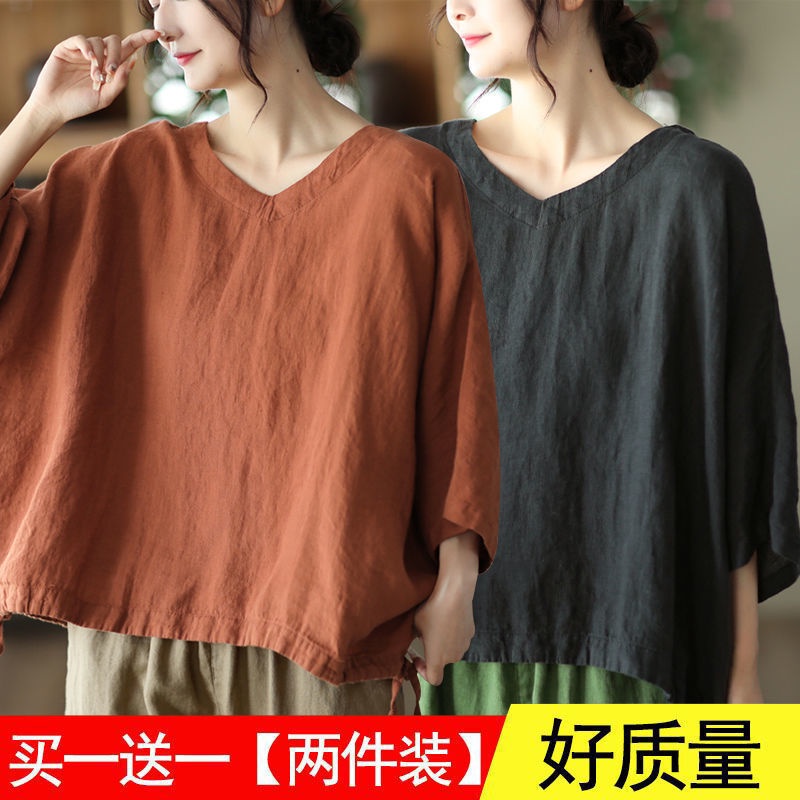 Áo Thun Cánh Dơi Bằng Cotton Lanh Thời Trang Mùa Hè 2022 Cho Nữ Size L-4xl