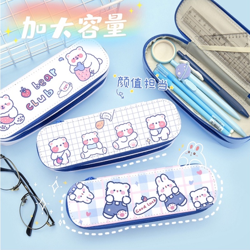 Túi Đựng Bút Hai Ngăn Sức Chứa Lớn Màu Hồng Dễ Thương Sáng Tạo Dành Cho Nữ Sinh