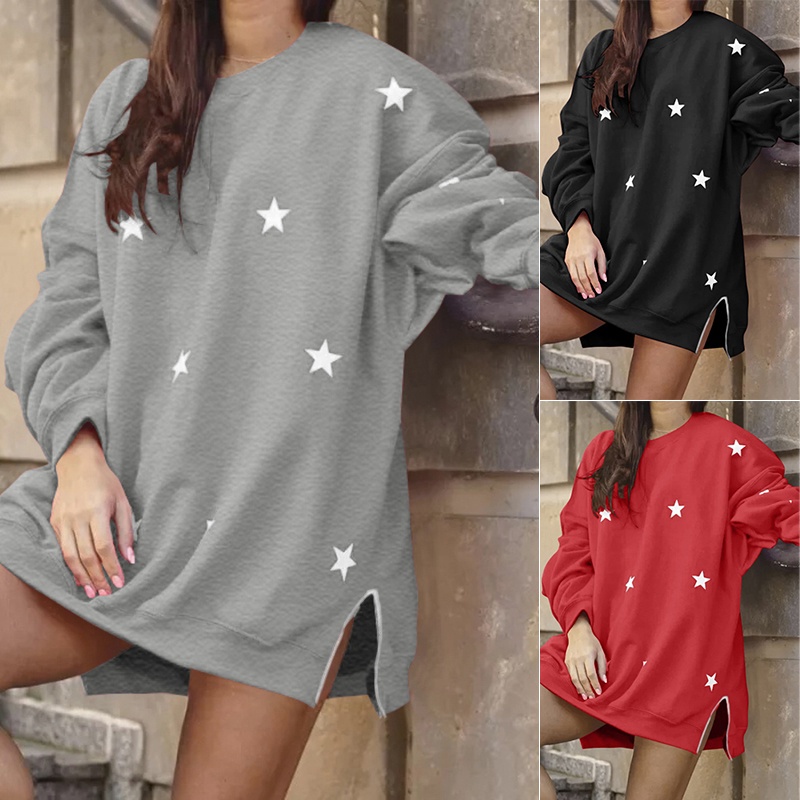 Áo sweatshirt ZANZEA cổ tròn tay dài dáng rộng in họa tiết ngôi sao thời trang cho nữ