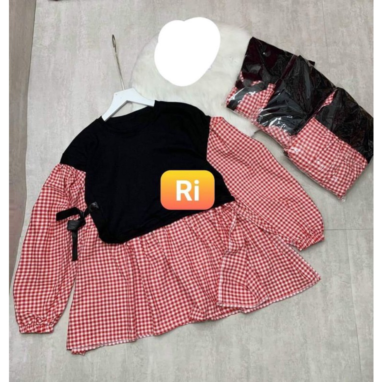 Áo baby doll caro cột eo