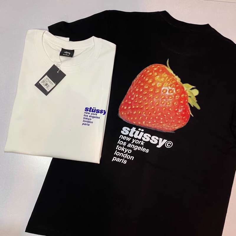 Áo Thun Stussy Bape Tay Lở Trái Dâu Form Rộng Cotton Màu Đen Trắng Vintage
