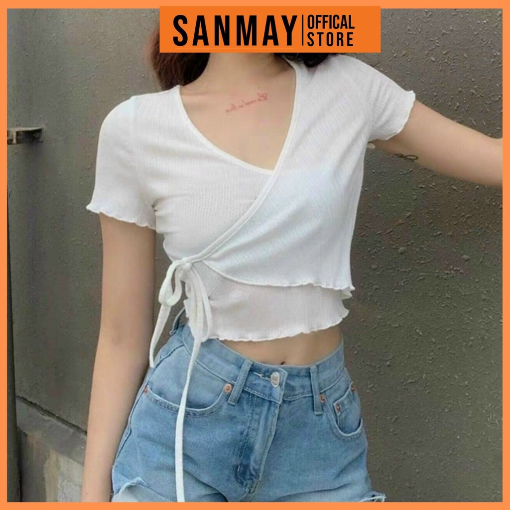 Áo Croptop Kiểu SANJOLI Croptop Tay Ngắn Nữ Ôm Body Hở Ngực Sexy Hai Màu Trắng Đen AO032