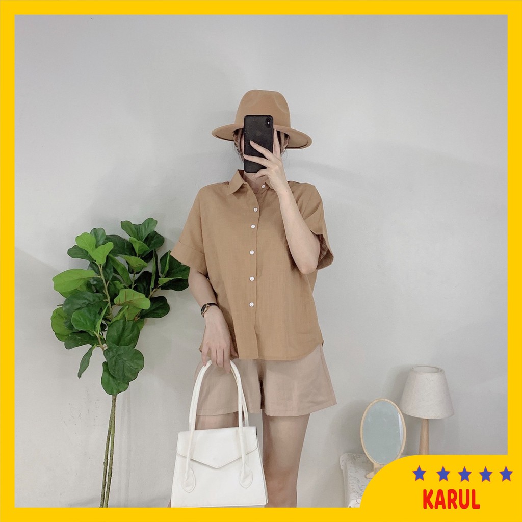 Áo sơ mi nữ cộc tay  cách điệu khuy sau, áo sơ mi nữ chất thô xước 3 màu  trắng , be , cốm | BigBuy360 - bigbuy360.vn