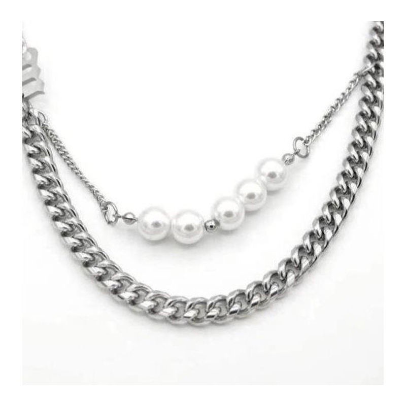 Dây Chuyền Cuba Bằng Thép Titan Đính Ngọc Trai 191120Dây Chuyền Sợi Xích Đôi Phong Cách Hip Hop Thời Trang Cá Tính