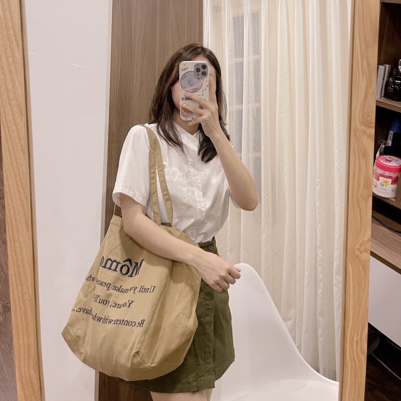 T246/[Hàng Mới Về] Túi Vải Nâu Momo Thời Trang Hàn Quốc Form To Rộng Tiện Lợi Đi Chơi Đi Học