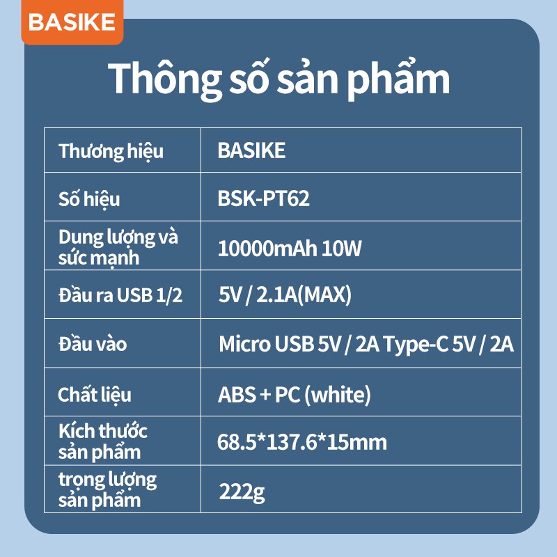 Sạc dự phòng BASIKE PT62 10000mAh có hai đầu ra USB thích hợp cho iPhone và Android