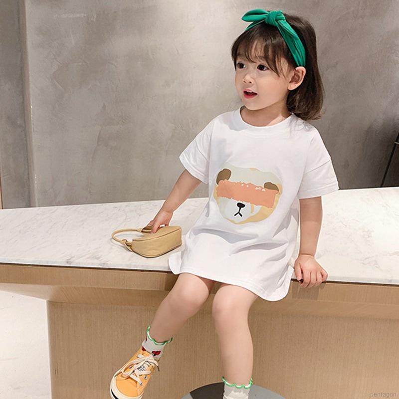 Đầm Thun Tay Ngắn In Hình Gấu Hoạt Hình Phong Cách Hàn Quốc Thời Trang Mùa Hè Cho Bé Gái