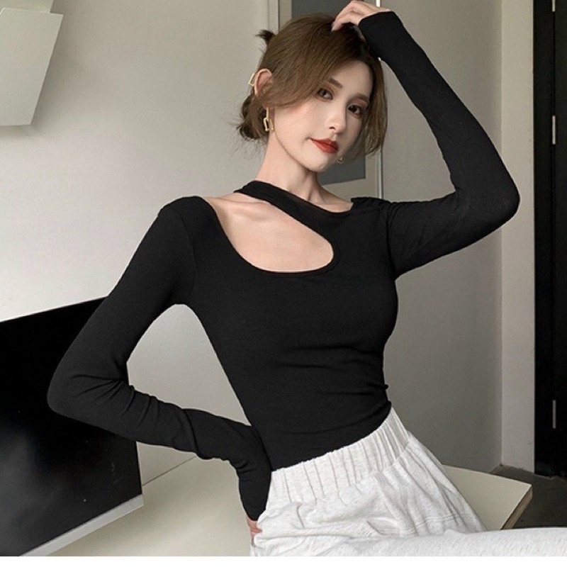 Áo Croptop Nữ dài tay  Khoét Ngực Áo Thun Nữ Cổ Tròn Ôm Body Thiết Kế Cực Xinh Xắn💕💕💕💕VKV alohashop91