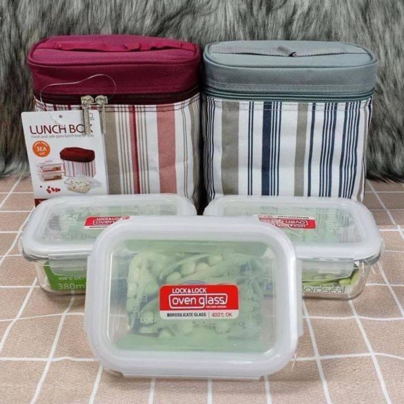 BỘ HỘP CƠM THUỶ TINH KÈM TÚI GIỮ NHIỆT LOCK&LOCK LLG422S3 (3x380ml) - màu kẻ xanh và màu kẻ đỏ | BigBuy360 - bigbuy360.vn