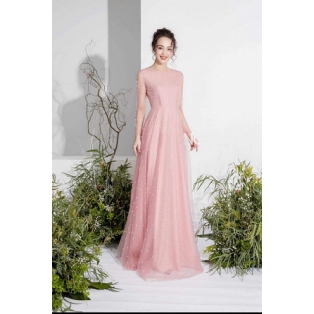 Đầm maxi dạ hội kết cườm màu hồng cam (có ảnh thật)