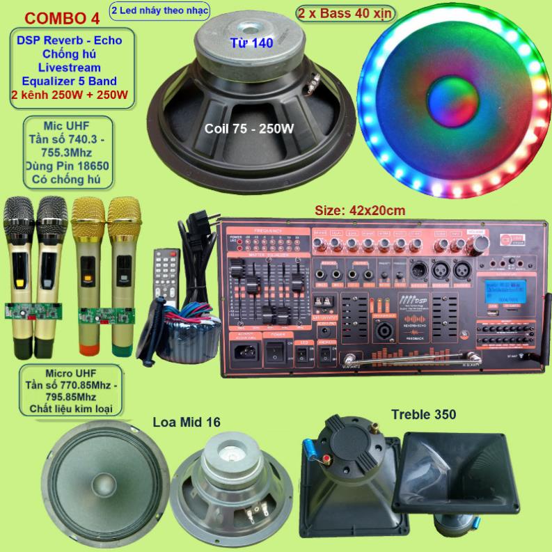 Mạch loa kéo 4 tấc đôi 2 kênh 250W + 250W DSP Reverb Echo Livestream có chống hú - Equalizer 5 Band 4 tay micro kèm led