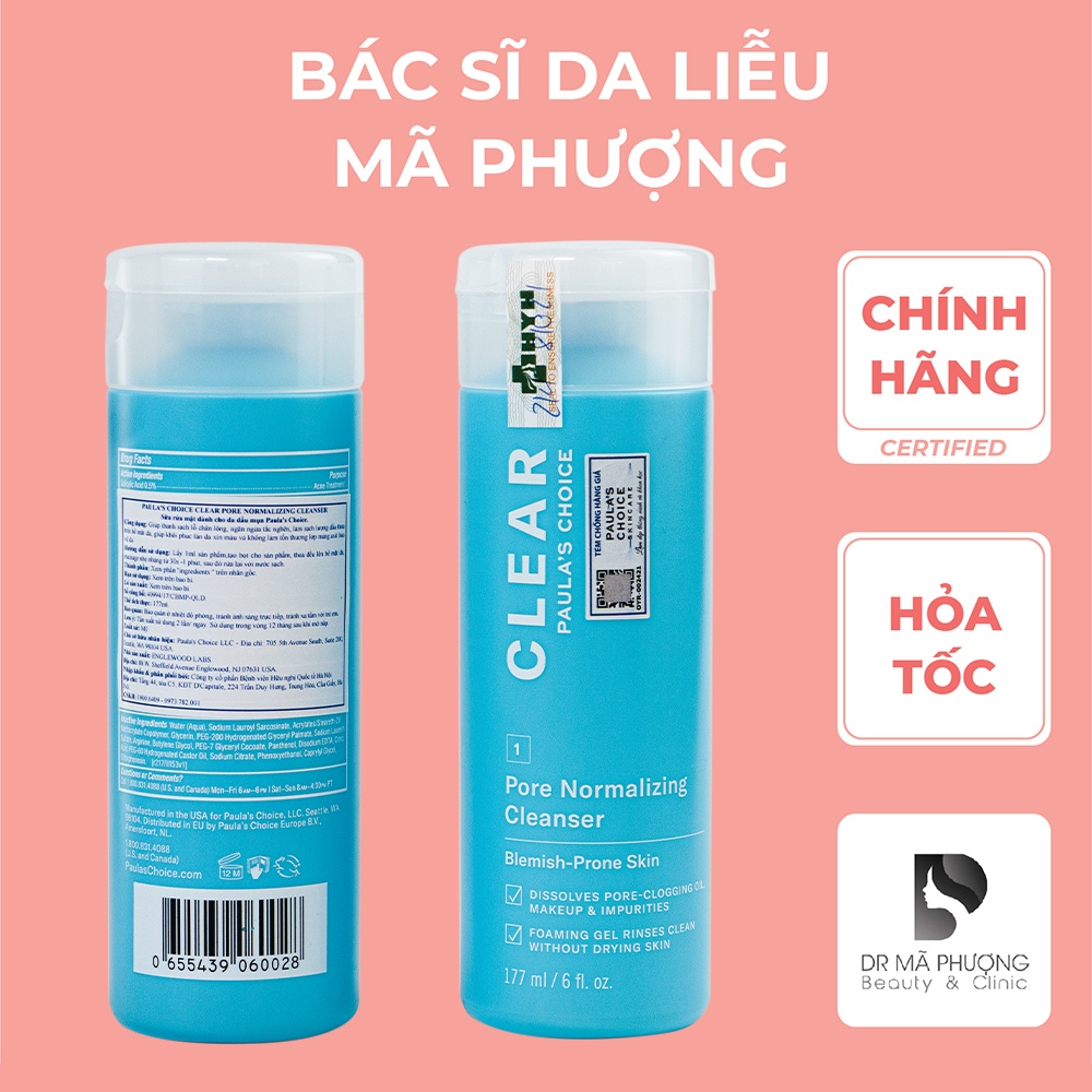 [CHÍNH HÃNG] Sữa rửa mặt giảm mụn giúp thu nhỏ lỗ chân lông Clear Paula’s Choice