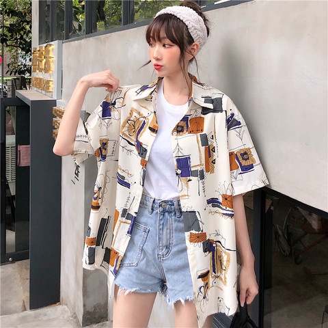 Áo Sơ Mi Mỏng Tay Lửng Dáng Rộng In Họa Tiết Thời Trang Mùa Hè Hàn Quốc Cho Nữ